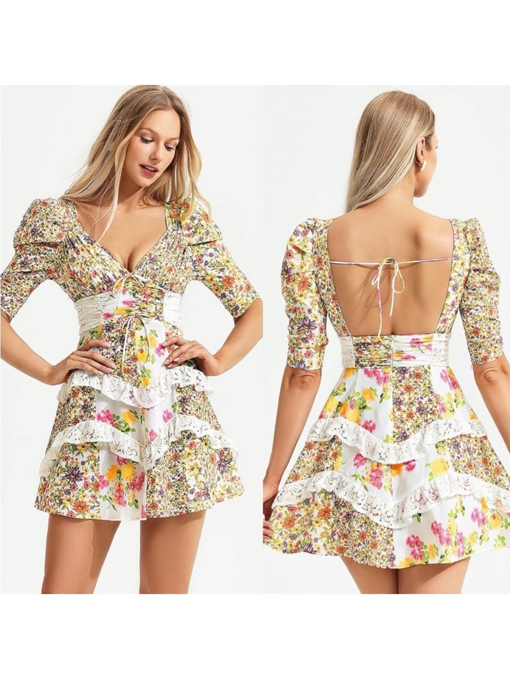 JARDINVUE Ruffle Floral Mini Mini Dress Cottagecore Feminine Size XS NWT